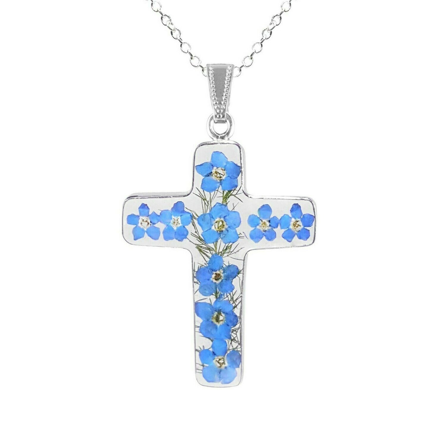 Forget-Me-Not Necklace, Large Cross, Transparent