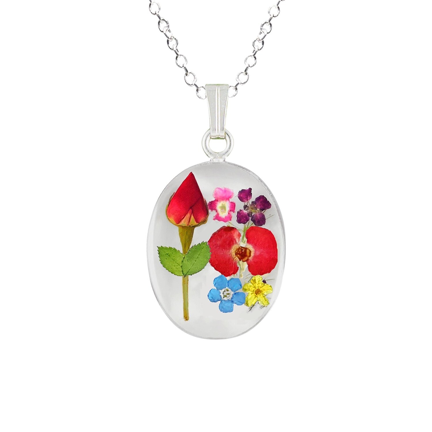 Rose & Mix Flowers Necklace, Medium Oval, Transparent