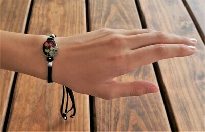 Rose and Multi-Flower Oval Leather Bracelet, Black Background