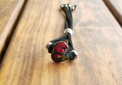 Rose and Multi-Flower Heart Leather Bracelet, Black Background