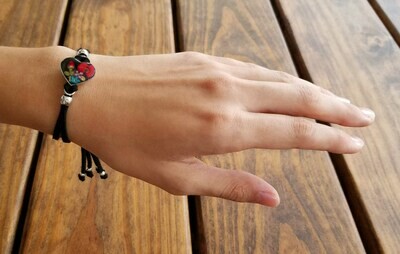 Rose and Multi-Flower Heart Leather Bracelet, Black Background