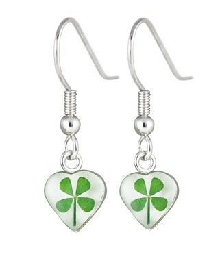 Four-Leaf Clover, Heart Hanging Earrings, White Background