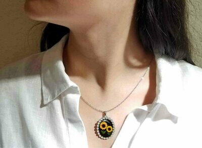 Sunflower Necklace, Pellet Medallion, Black Background