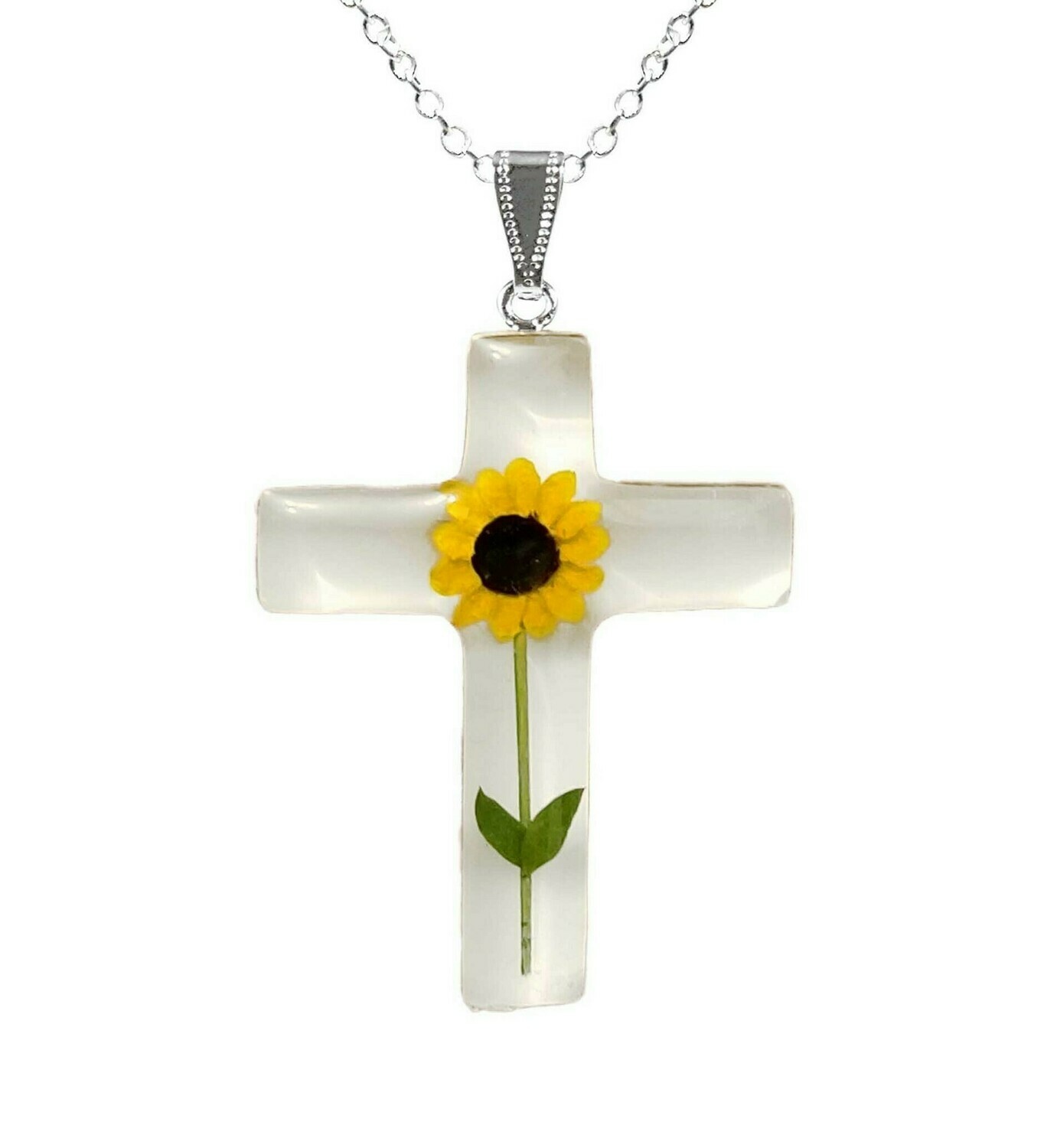 Sunflower Necklace, Large Cross, White Background