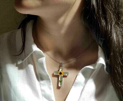 Sunflower Necklace, Large Cross, White Background