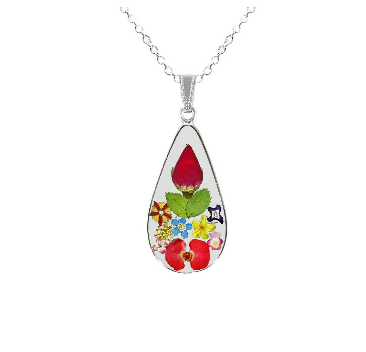 Rose & Mixed Flowers Necklace, Medium Teardrop, Transparent