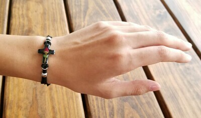 Rose Cross Leather Bracelet, Black Background