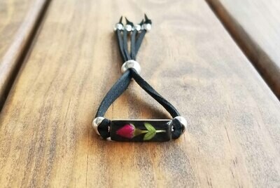 Rose Rectangle Leather Bracelet, Black Background