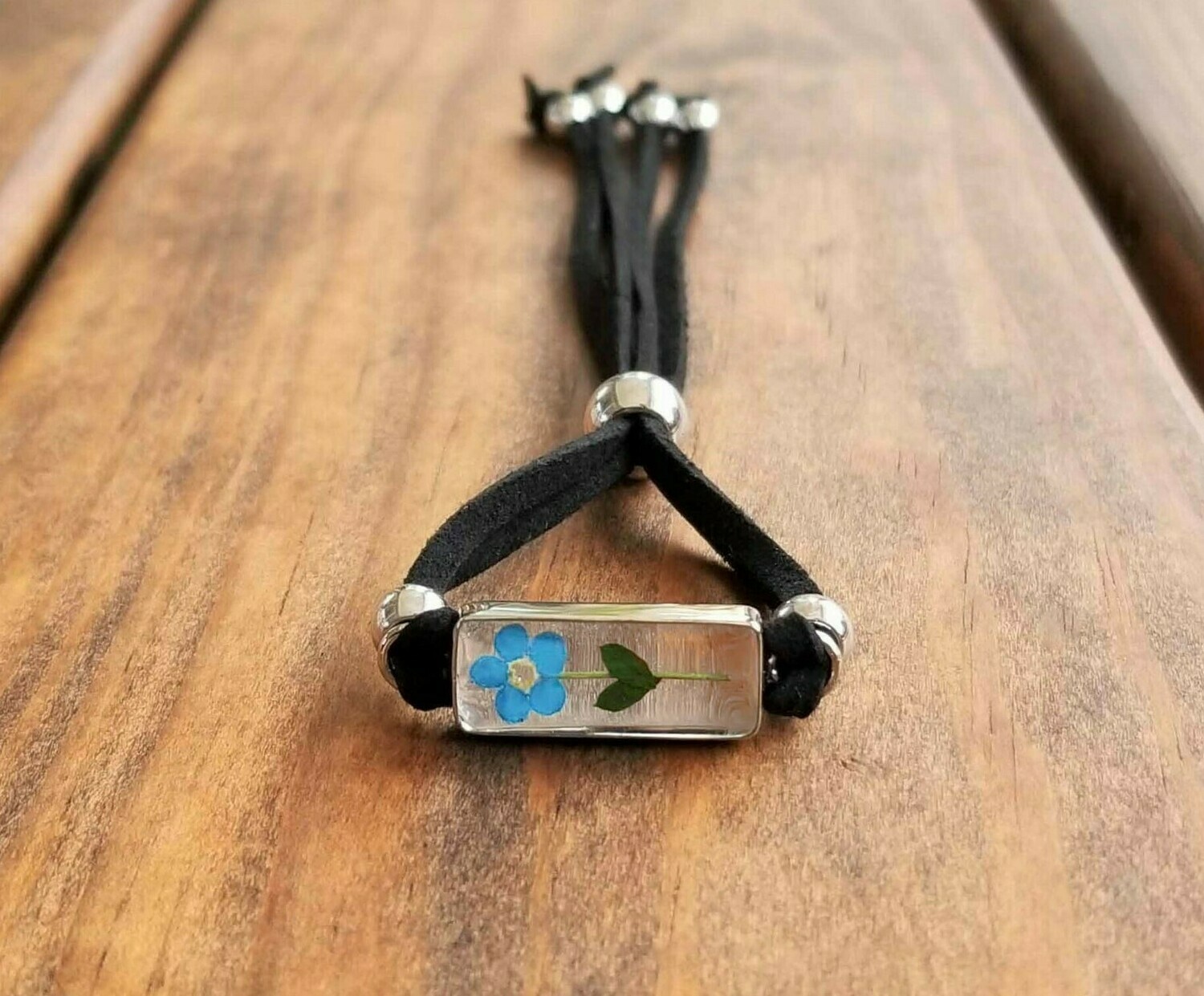 Forget-Me-Not, Rectangle Leather Bracelet, Transparent