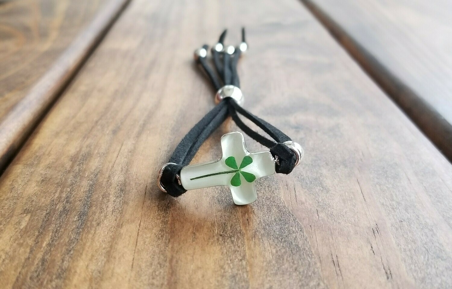Four-Leaf Clover, Cross Leather Bracelet, White Background