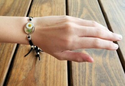 Daisy, Oval Bracelet on Leather Cord, Transparent.