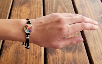 Rose and Multi-Flower Oval Leather Bracelet, White Background