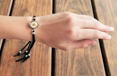 Daisy, Leather Cord Heart Bracelet, Transparent