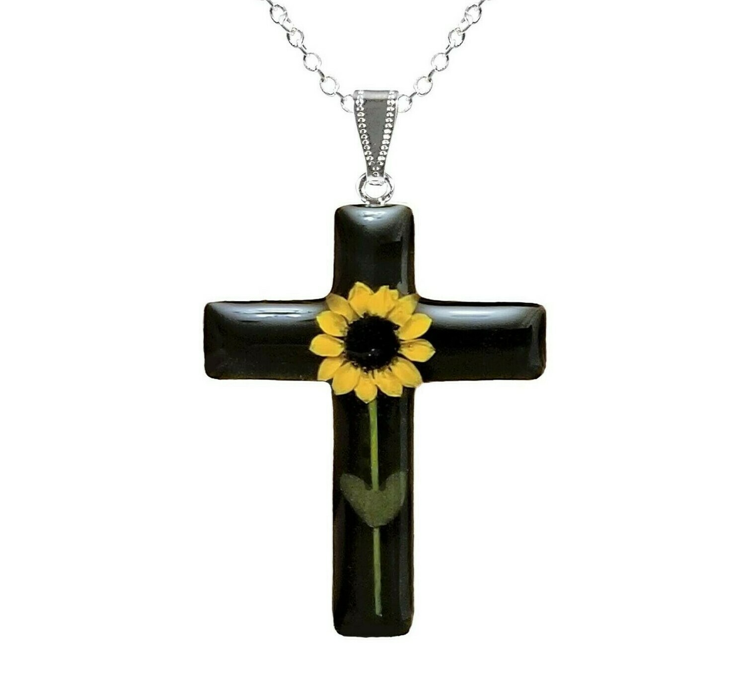 Sunflower Necklace, Large Cross, Black Background