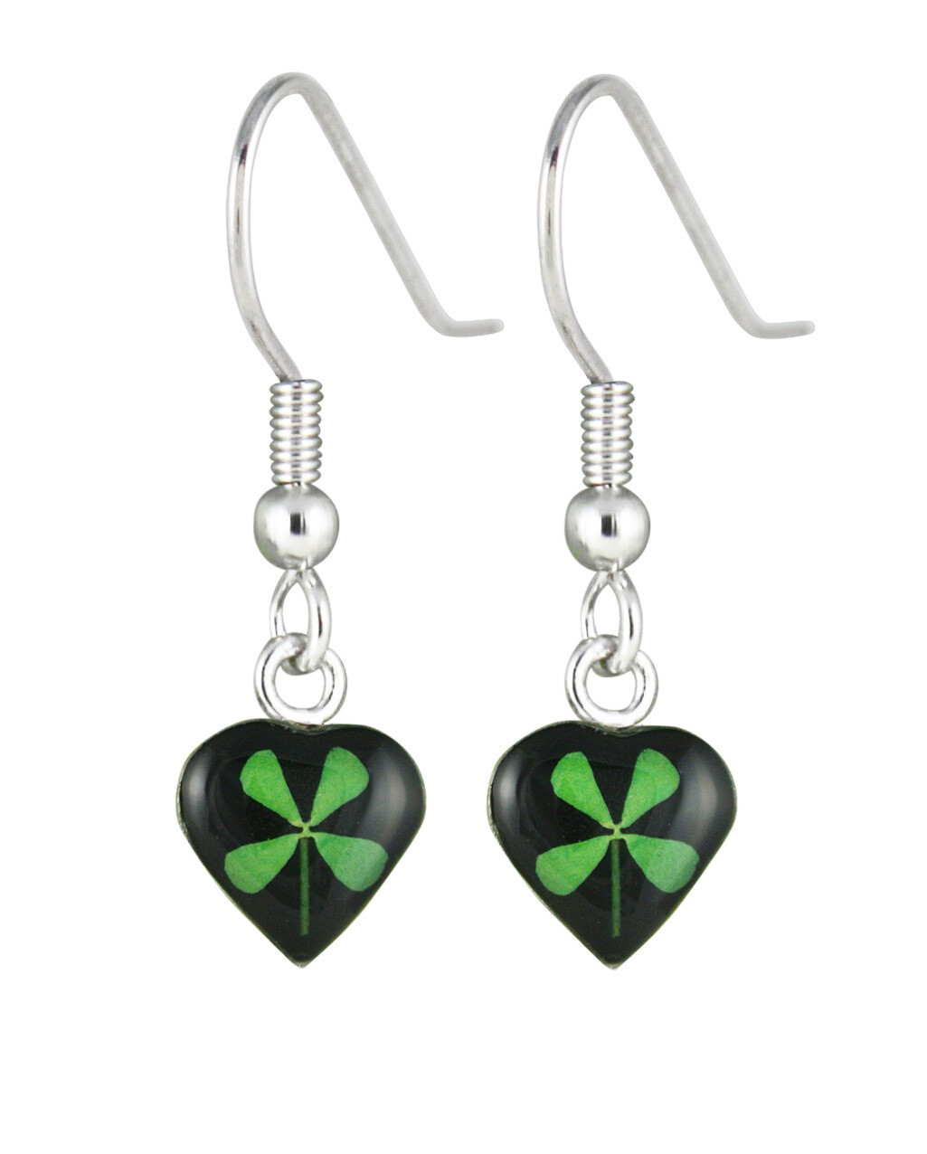 Four-Leaf Clover, Heart Hanging Earrings, Black Background