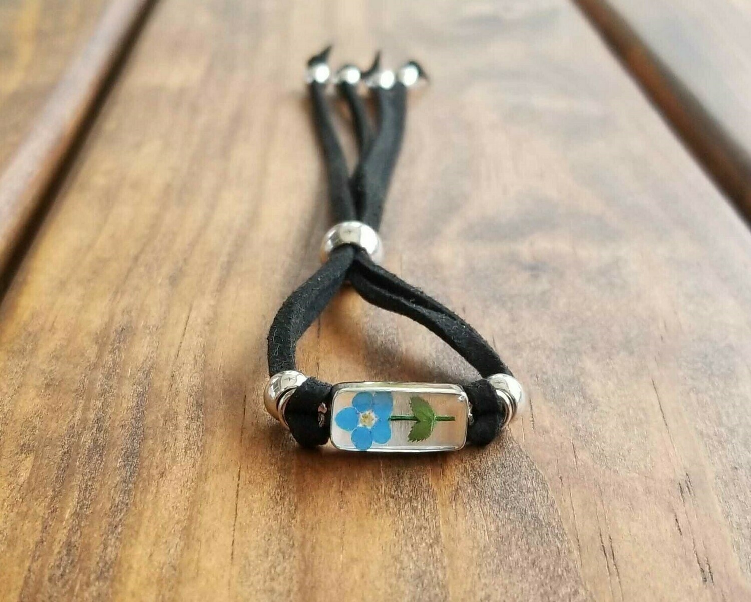 Forget-Me-Not, Small Rectangle Leather Bracelet, Transparent