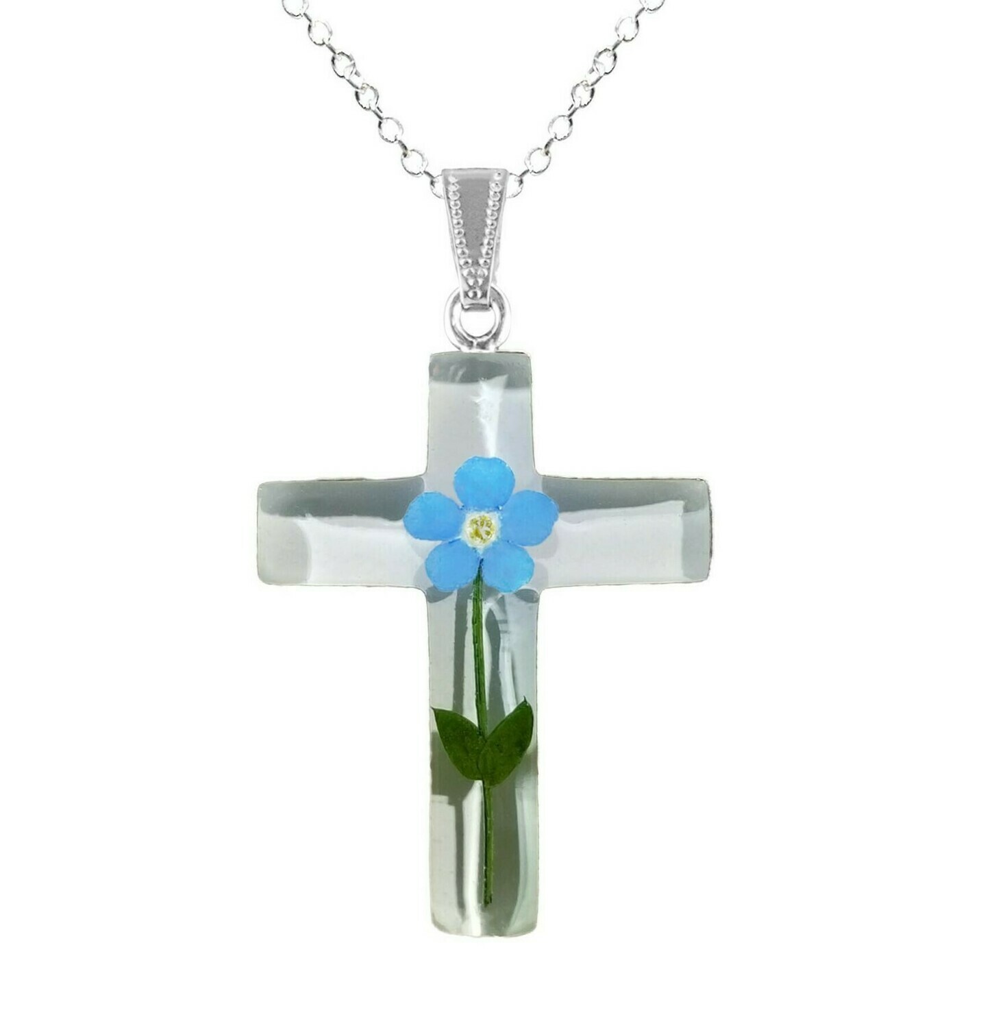 Forget-Me-Not Necklace, Large Cross, White Background