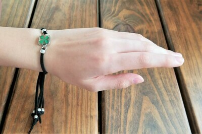 Four-Leaf Clover, Small Square Leather Bracelet, Transparent