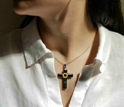 Sunflower Necklace, Large Cross, Black Background