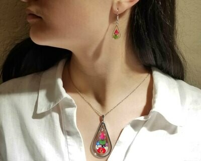 Rose & Mixed Flowers Necklace, Swivel Teardrop, Transparent