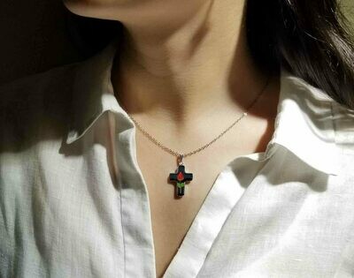 Rose Necklace, Medium Cross, Black background