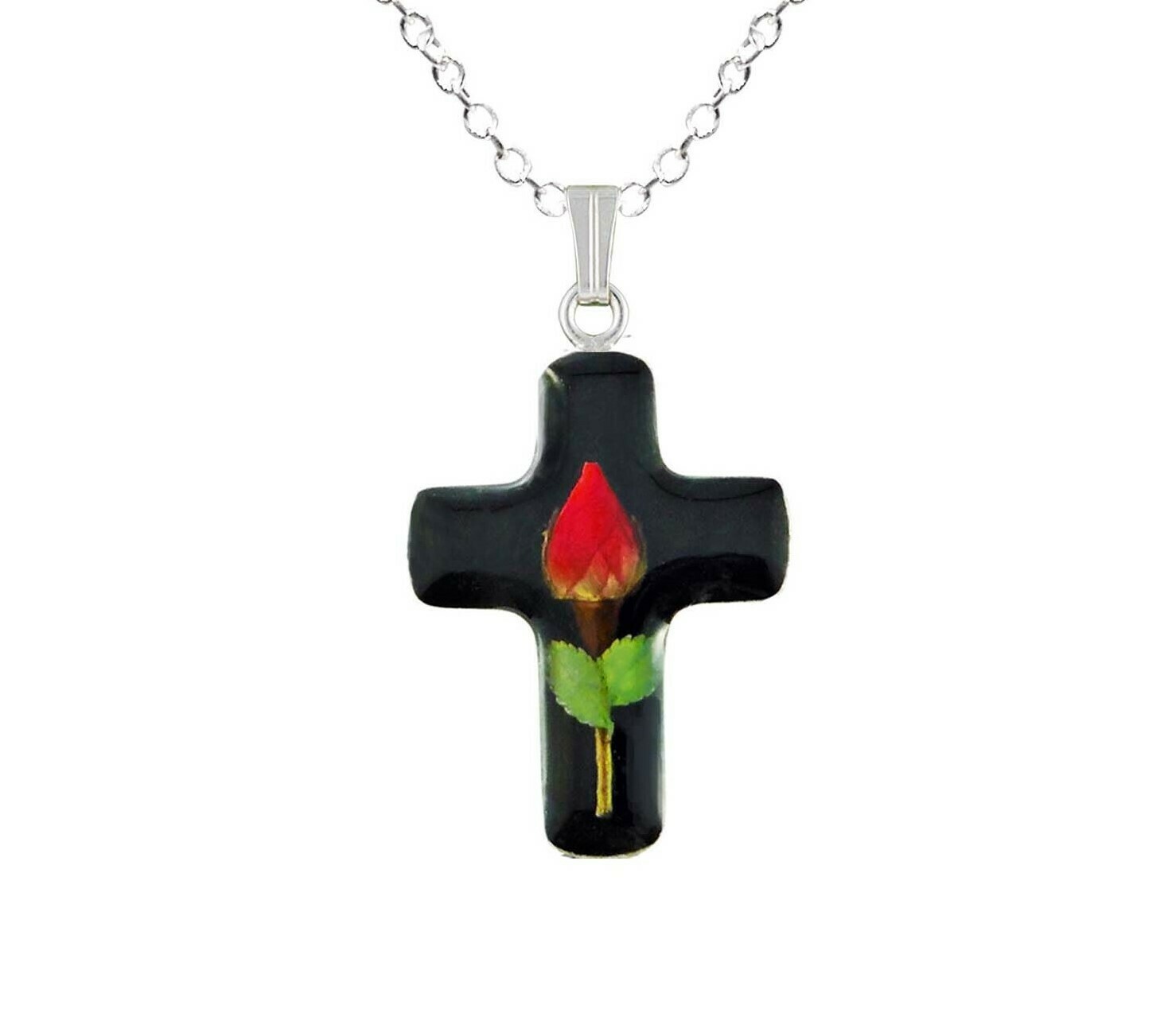 Rose Necklace, Medium Cross, Black background