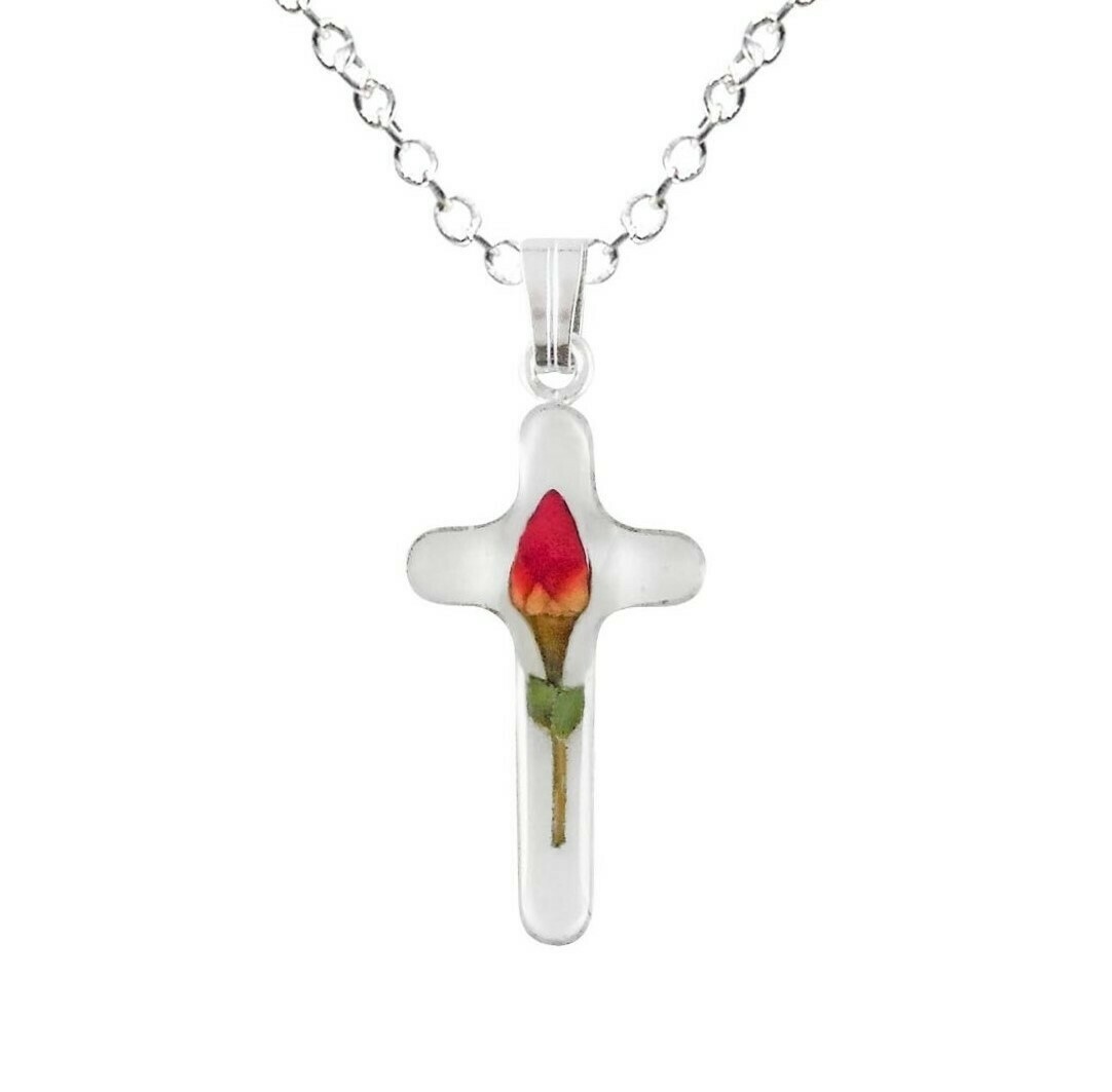 Rose Necklace, Long Cross, white background