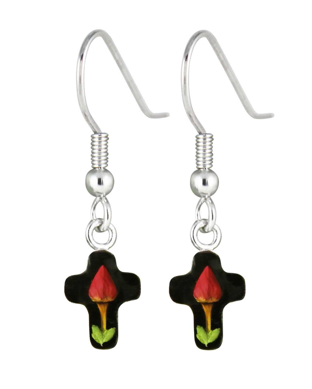 Rose, Small Cross Hanging Earrings, Black Background