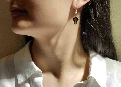 Rose, Small Cross Hanging Earrings, Black Background