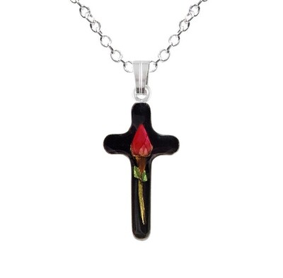 Rose Necklace, Long Cross, Black Background