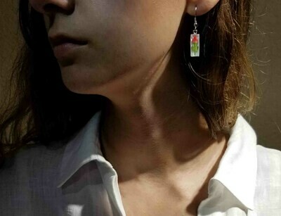 Real Rose, Small Rectangle Hanging Earrings, White Background.