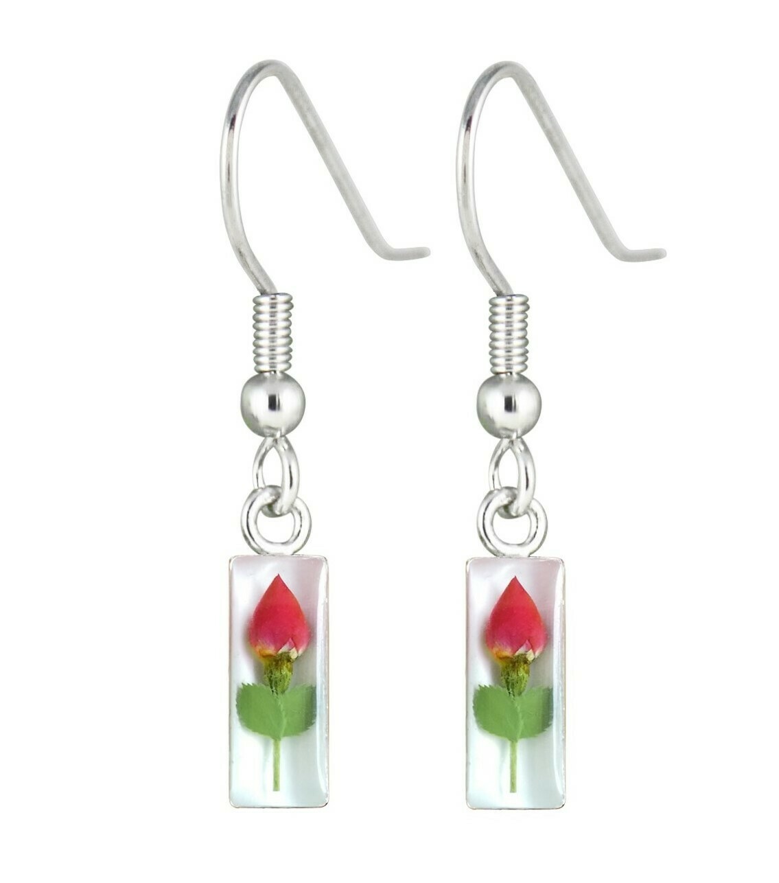 Rose, Small Rectangle Hanging Earrings, White Background.