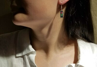 Rose, Small Rectangle Hanging Earrings, Black Background.
