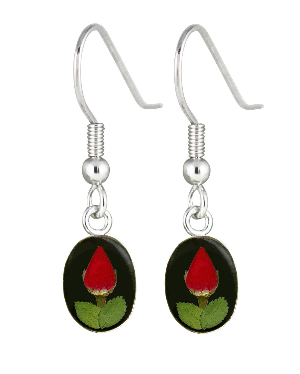 Rose, Small Oval Hanging Earrings, Black Background.