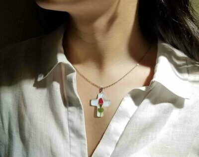Rose Necklace, Medium Cross, White background