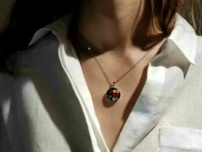 Rose &amp; Mix Flowers Necklace, Medium Circle, Black Background