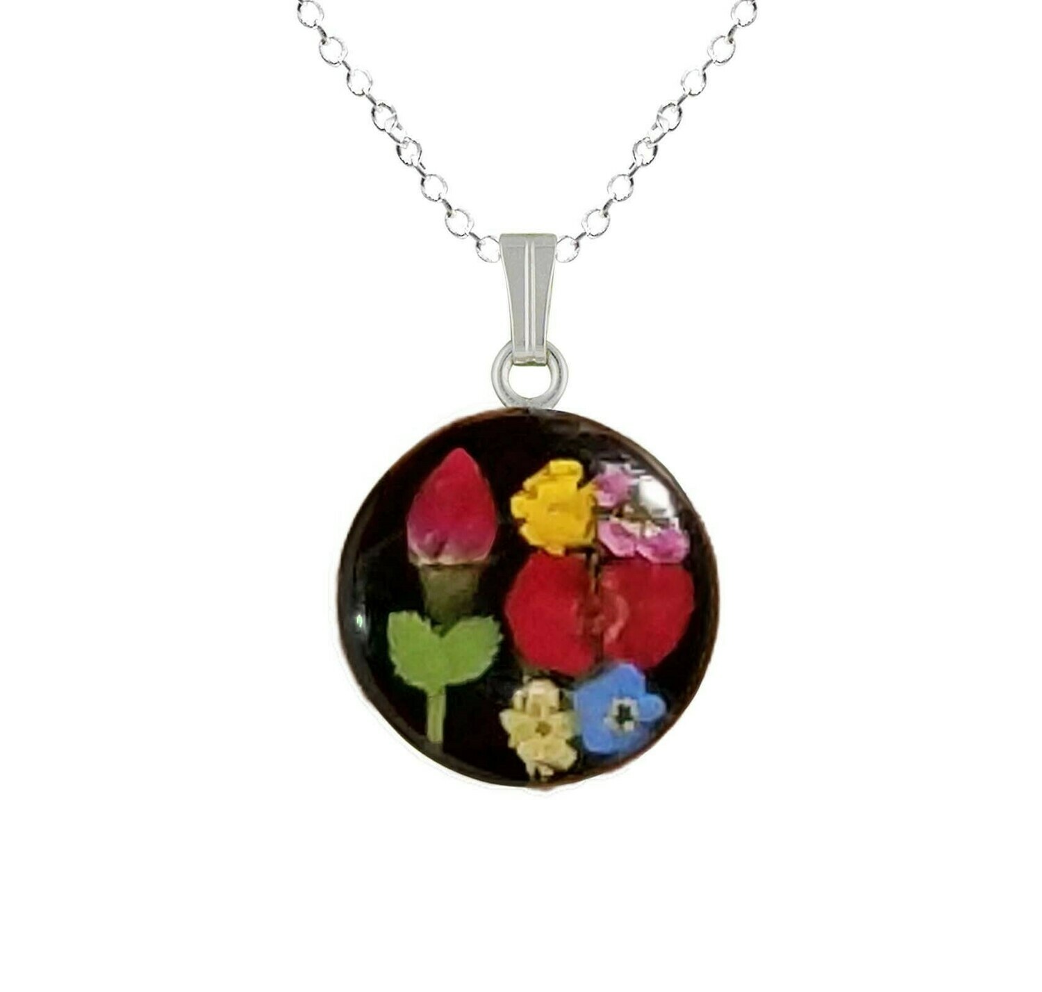 Rose & Mix Flowers Necklace, Medium Circle, Black Background