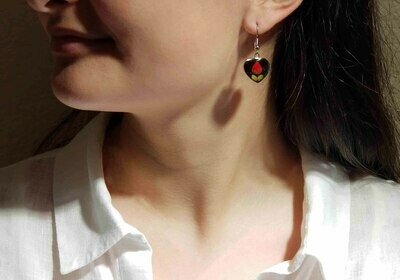 Rose, Heart Hanging Earrings, Black Background.