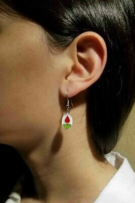Rose, Small Oval Hanging Earrings, White Background.