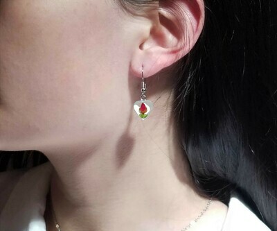 Rose, Small Heart Hanging Earrings, White Background.