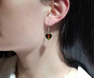 Rose, Small Heart Hanging Earrings, Black Background.