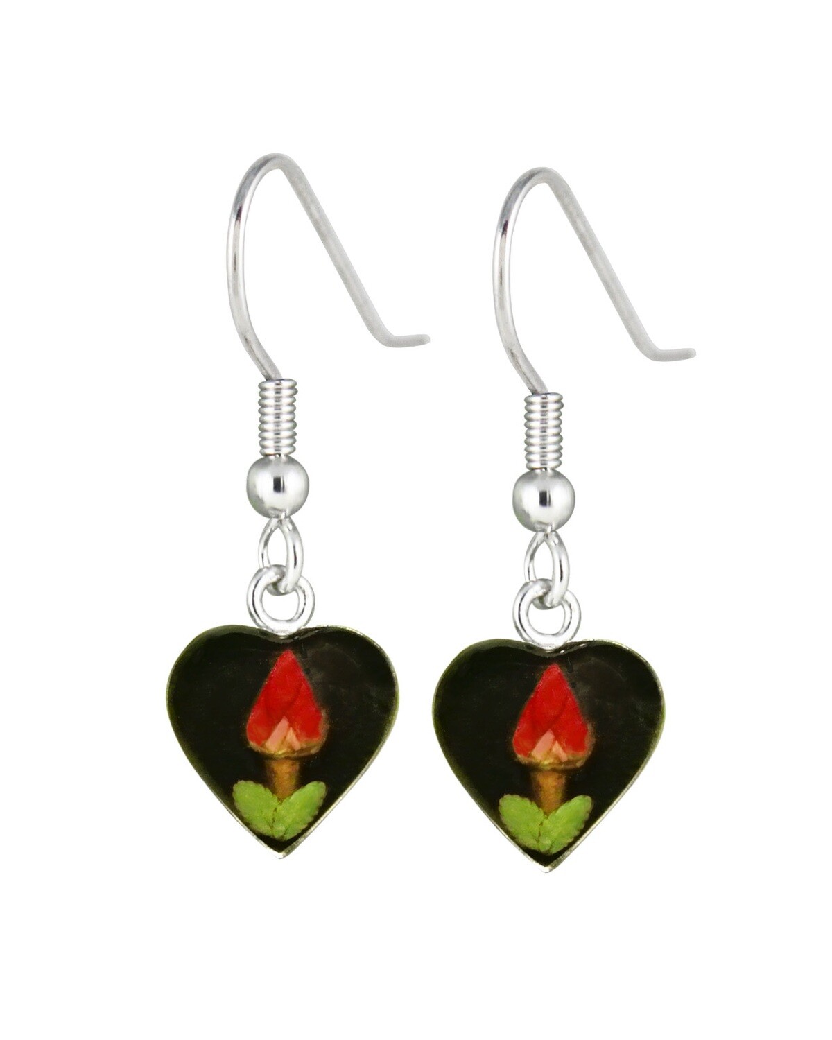 Rose, Small Heart Hanging Earrings, Black Background.