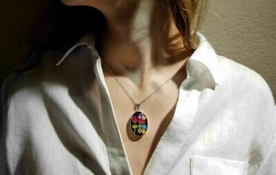 Rose & Mix Flowers Necklace, Large Oval, Black Background