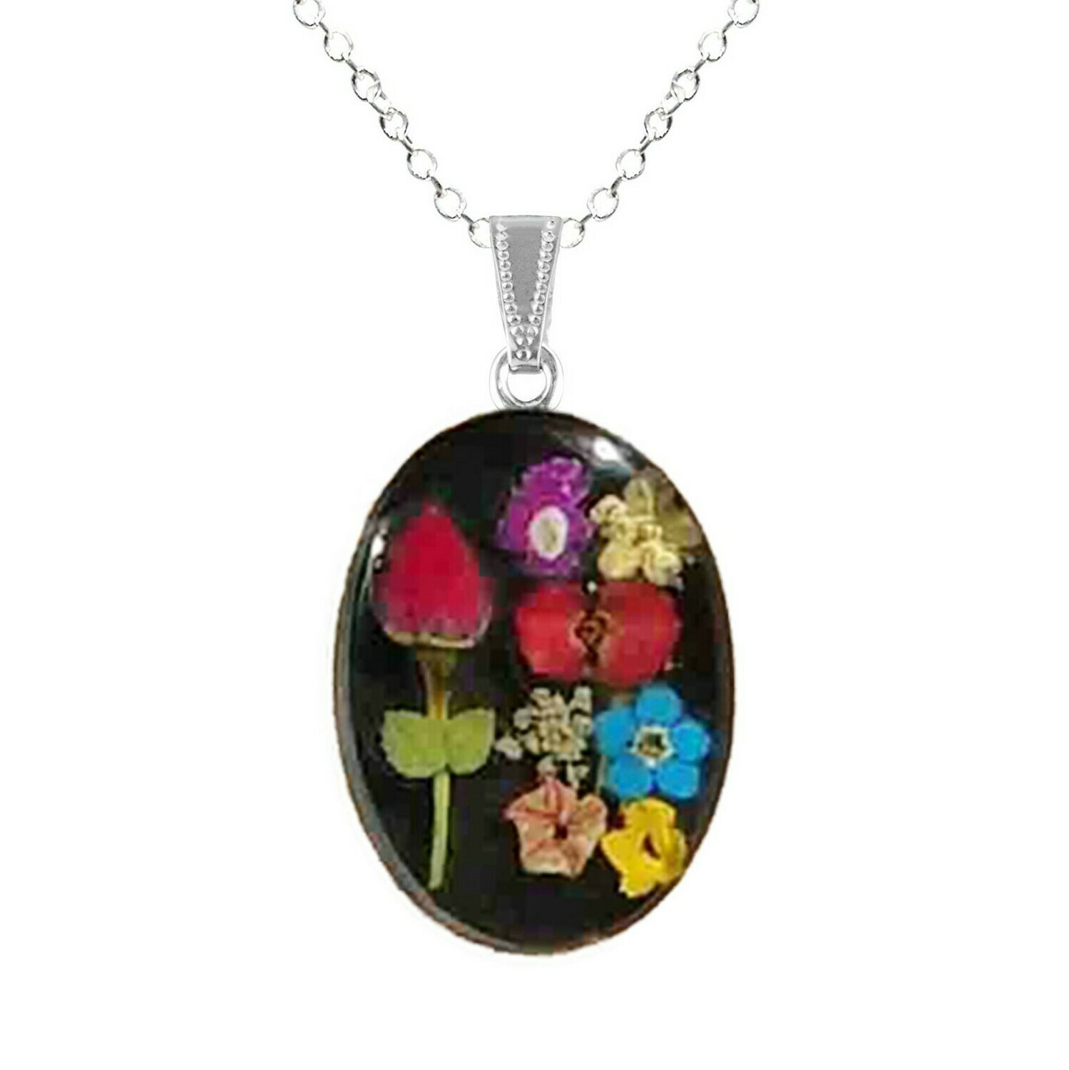 Rose & Mix Flowers Necklace, Large Oval, Black Background