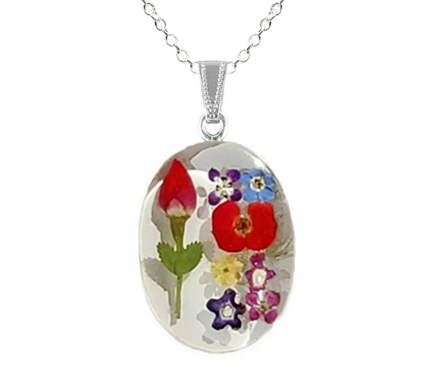 Rose & Mix Flowers Necklace, Large Oval, White Background