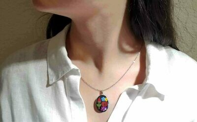 Rose & Mix Flower Necklace, Medium Oval, Black Background