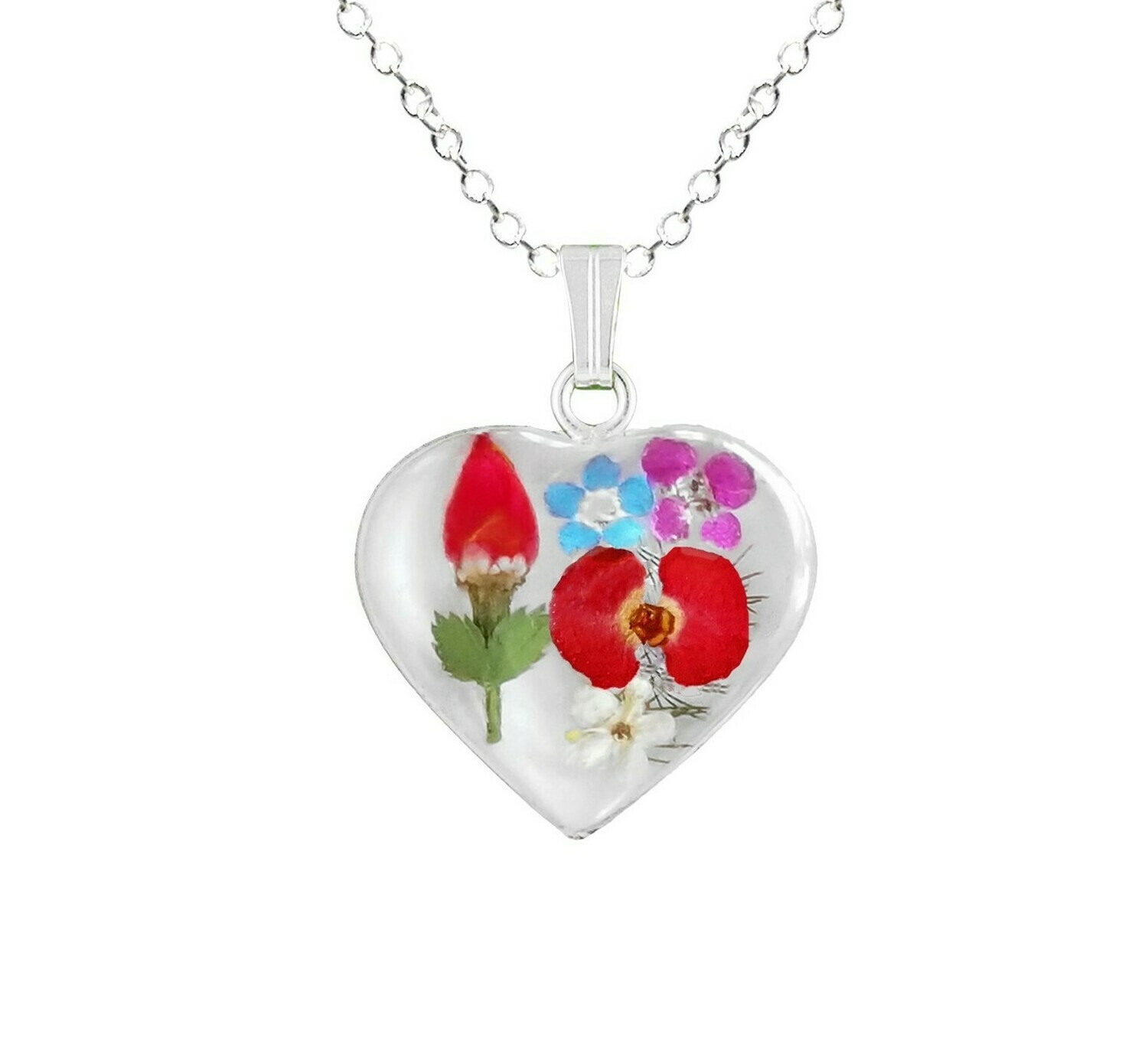 Rose &amp; Mix Flower Necklace, Small Heart, White Background