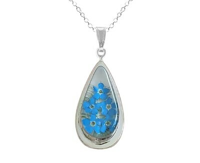 Forget me Not Necklace, X-Large Teardrop, White background.