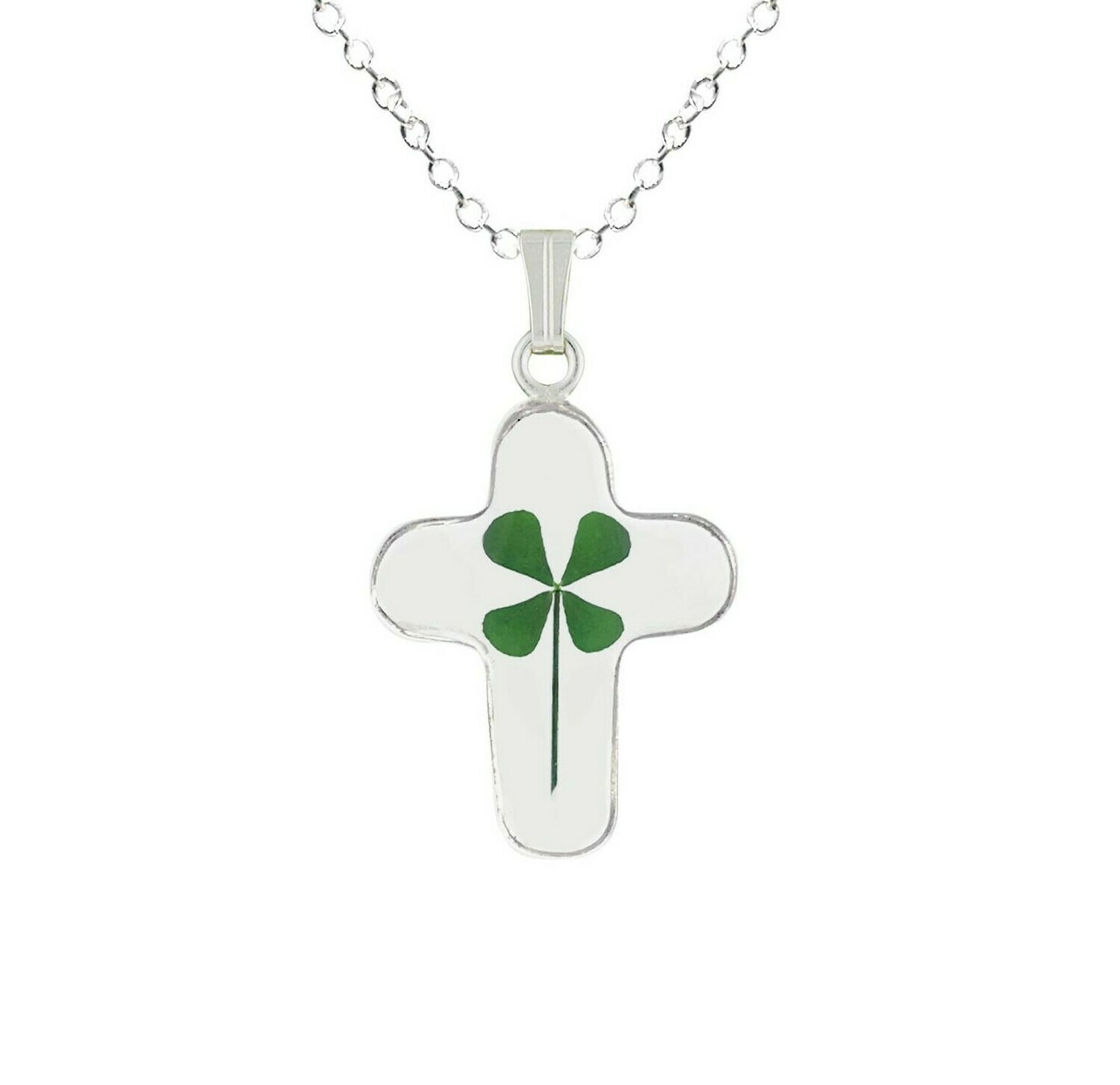 Real Clover Necklace, Medium Cross, Transparent