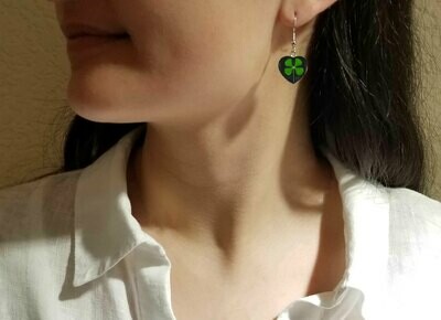 Four-Leaf Clover, Heart Hanging Earrings, Black Background
